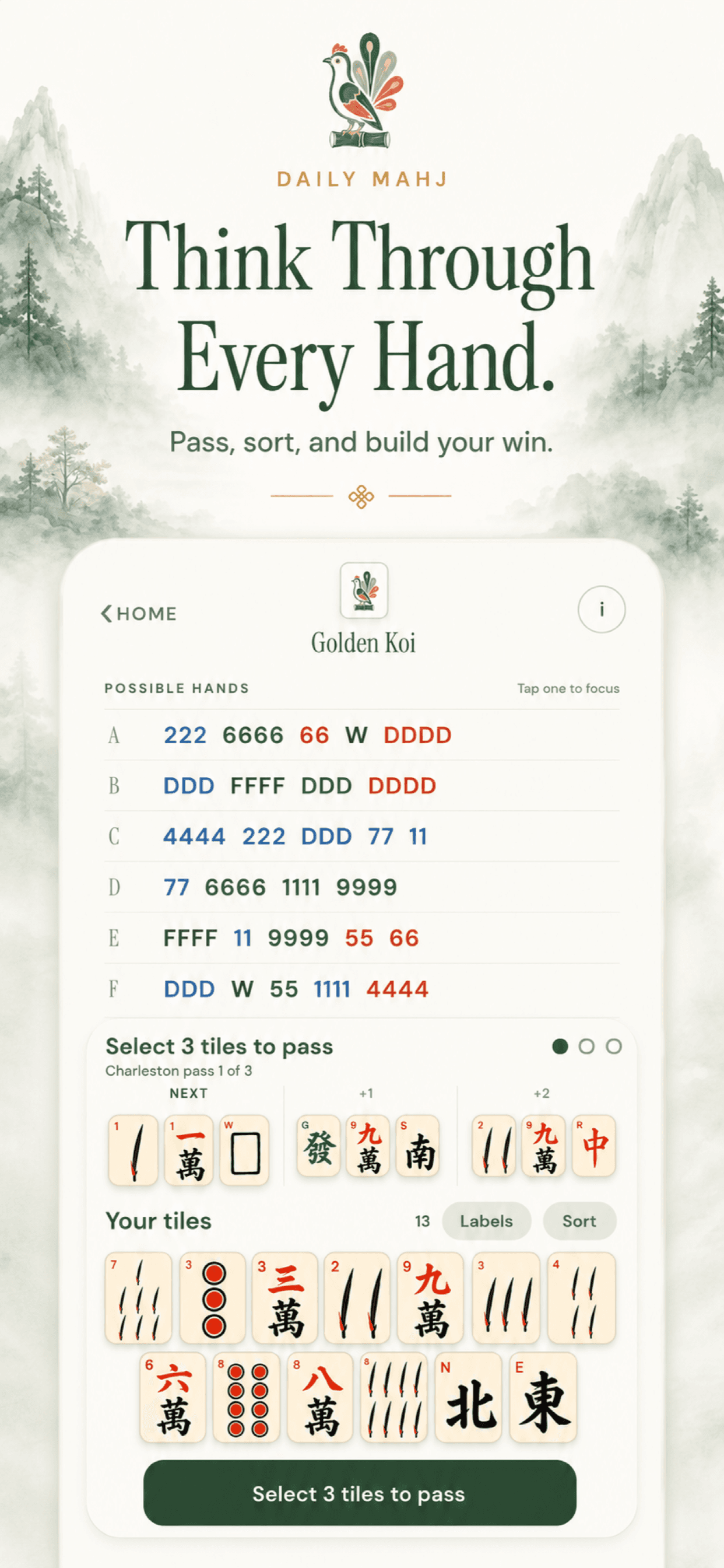 Daily Mahj game screen showing possible hands and a rack of mahjong tiles