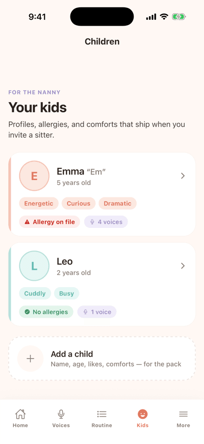 Nanny Notes kids list with Emma, Leo, and allergy badges