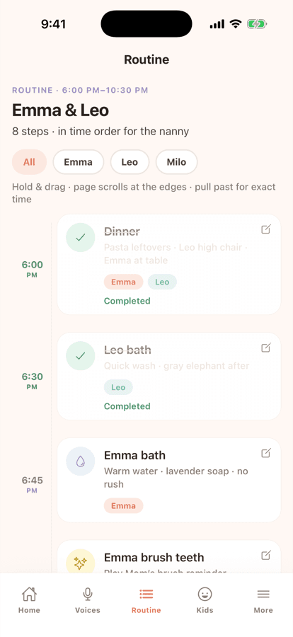 Nanny Notes routine timeline with dinner, bath, and bedtime steps