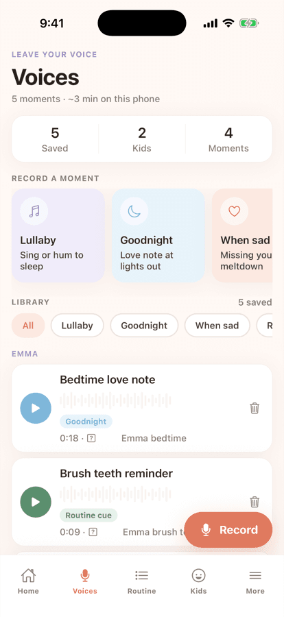 Nanny Notes Voices screen with lullaby and goodnight moments